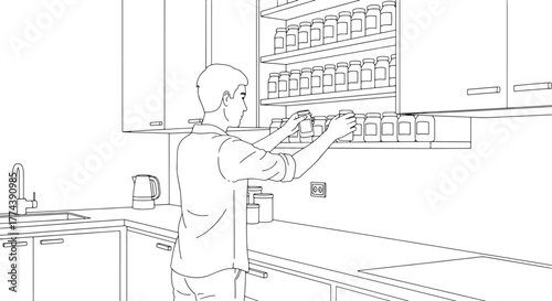 Line Art Illustration of Man Organizing Kitchen Pantry Jars on Shelves