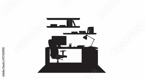 Modern home office setup with computer and shelves, clean silhouette design
