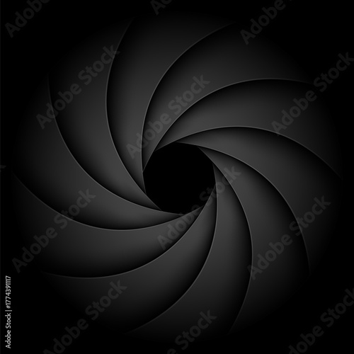Black background with camera shutter, lens aperture dark background.