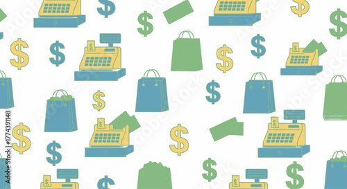 Seamless pattern of retail and commerce icons on a white background.