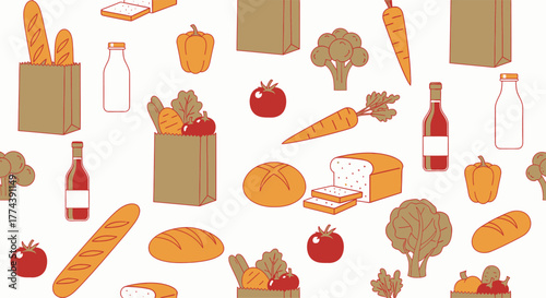 Fresh groceries and food items arranged on a white background.