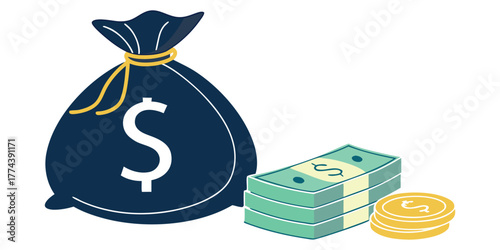 Bold money bag with dollar sign alongside a stack of cash and coins, representing financial success and wealth accumulation for business ventures