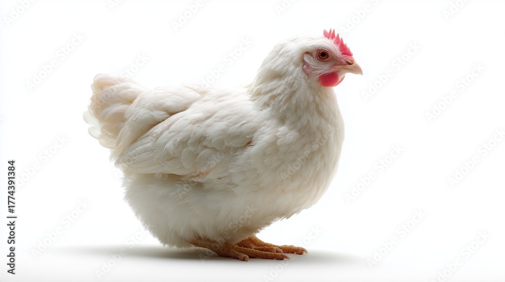 Fototapeta premium White hen standing on a light background in a calm setting