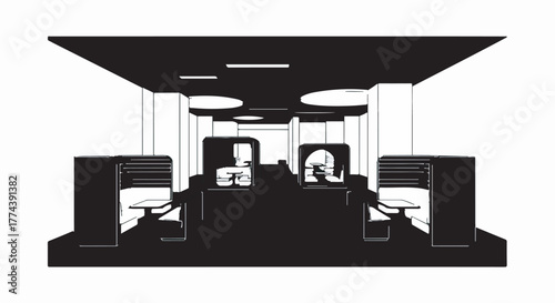 Modern minimalist office interior with sleek workstations and ambient lighting