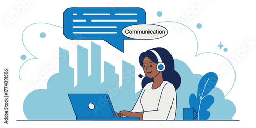 Empowered woman connecting online using headset and laptop, engaging in clear communication for business success, customer support or virtual meetings