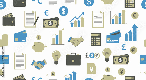 Financial icons and symbols representing business and investment concepts.