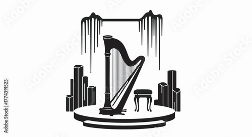 Elegant harp on a stage with artistic backdrop and stool, ready for a performance.