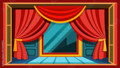 Elegant red theater curtains framing a window with a blue sky reflection