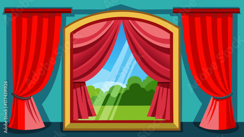 Window with red curtains revealing a sunny landscape view