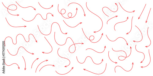 Squiggly arrows doodle set. Curve and Spiral comic symbols in sketch style. Hand drawn vector illustration isolated on white background