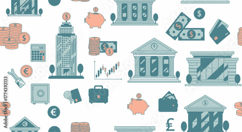 Financial Institutions and Symbols Seamless Pattern.