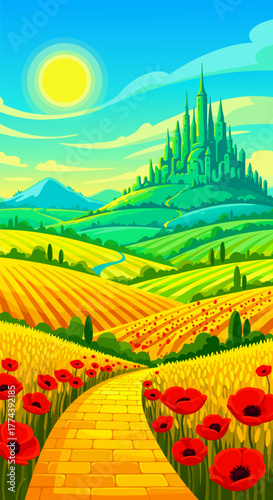 Journey to the Emerald City A Vibrant Landscape Depicting the Wonderful World of Oz's Yellow Brick Road