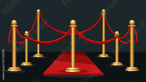 Golden stanchions and red velvet rope barrier on a red carpet
