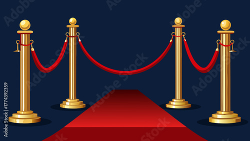 Golden stanchions with red velvet rope and red carpet