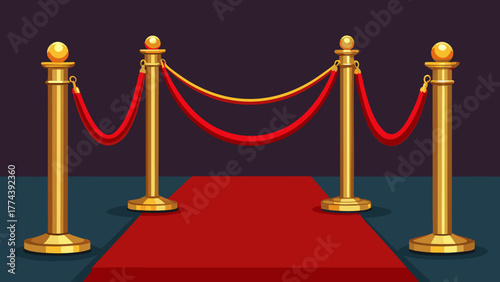 Golden stanchions and red carpet event entrance with velvet ropes