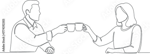 Continuous Line Art: Man and Woman Clinking Coffee Mugs, Business Collaboration and Coffee Break Concept
