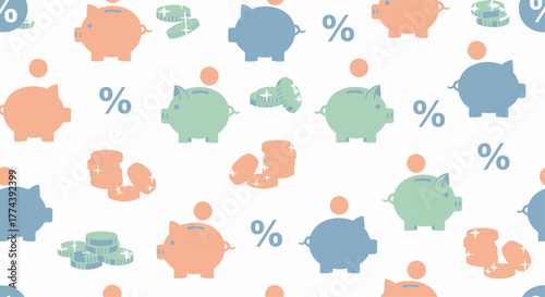 Piggy bank pattern financial savings and investment concept repeated background.