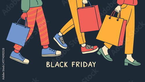 Diverse shoppers carrying colorful bags during a black friday sale event illustration