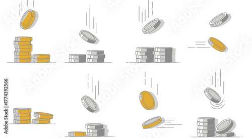 Collection of falling and stacked gold and silver coin illustrations.
