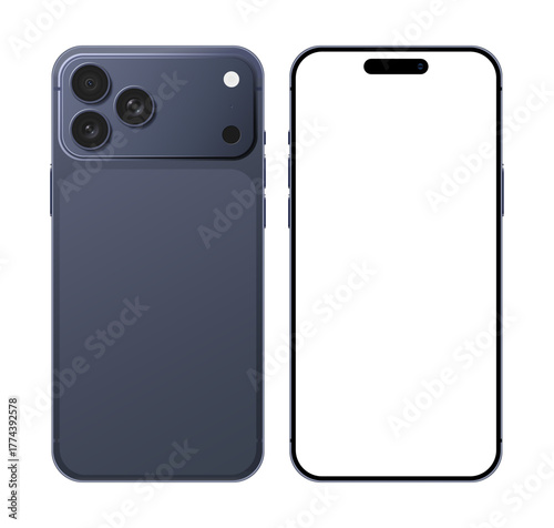 Mobile phone blue color device mockup template in front and back angle for advertisement. Smartphone blank display layout vector illustration