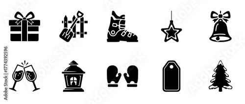 Winter and christmas icon set: gifts, skis, boots, ornament, bells, toasting glasses, lantern, mittens, tag, tree
