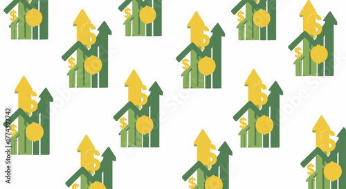 Financial growth concept with upward arrows and coins representing investment.