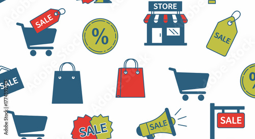 Seamless pattern of shopping and sale icons for retail promotions.