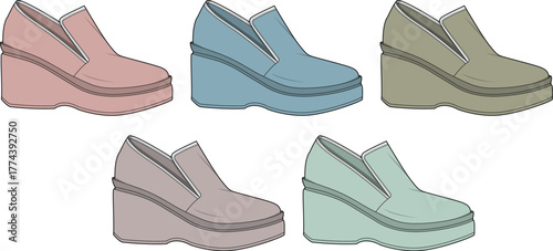 Set of stylish women's casual slip-on wedge loafers in multiple pastel color variations. Vector illustration for fashion design and footwear collection