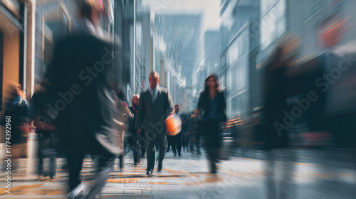Blurry city street with people walking quickly, showcasing busy urban atmosphere filled with motion and energy