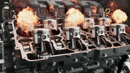 Internal Combustion Engine with Flames Showing Power and Combustion