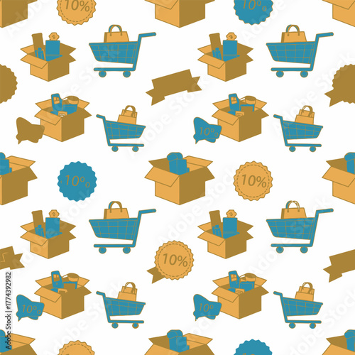 Shopping cart and boxes pattern, perfect for sales and promotions.