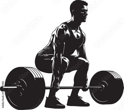 Deadlift Silhouette Vector – Male Athlete Lifting Barbell, Strength Training and Fitness Concept, Minimal Black Illustration on White Background