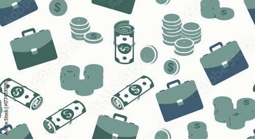 Seamless pattern of business and finance elements, including money, coins, and briefcases, on a white background.
