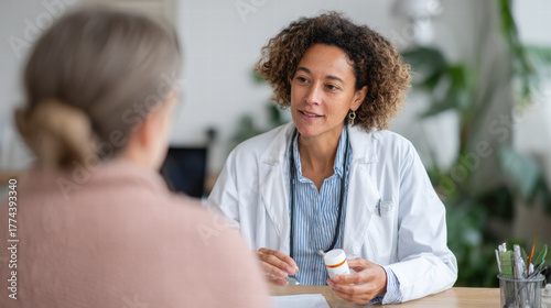 Doctor discussing medication side effects with patient in clinical setting, conveying care and professionalism