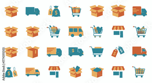 Collection of E-commerce and Delivery Icons Representing Online Shopping and Logistics.