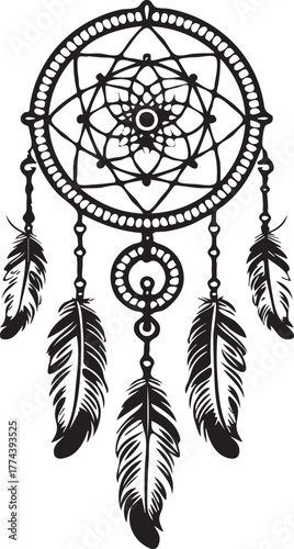 Geometric dreamcatcher design with a double ring and symmetrical feather arrangement