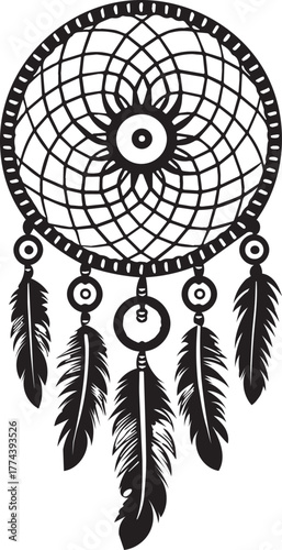 Traditional silhouette of a dreamcatcher with a rope ring and dangling beads and feathers