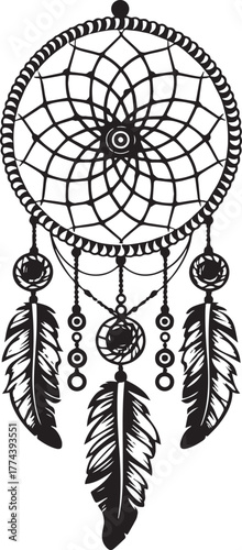 Stylized dreamcatcher with a sun or star center design and patterned feathers