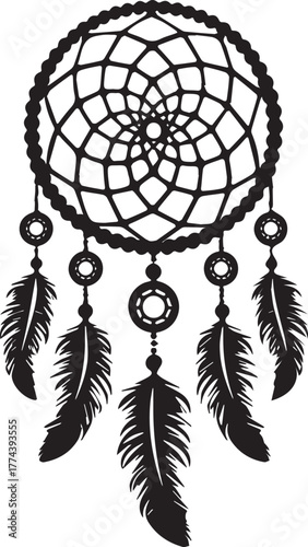 Intricate black and white design of a dreamcatcher with round beads and detailed feathers