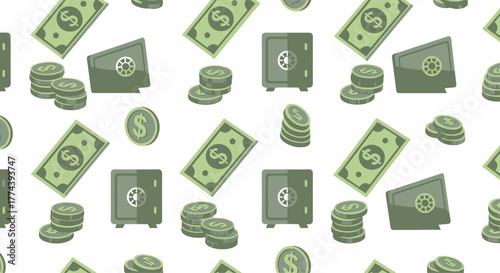 Seamless pattern of money, coins, and safes representing financial security.