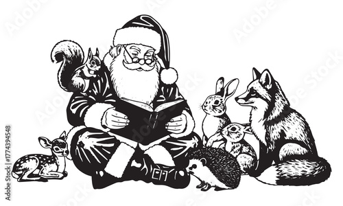 Santa reading book with woodland creatures claus