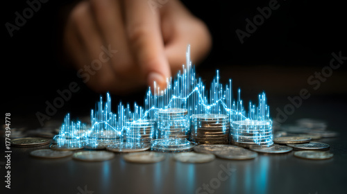 Hand interacting with glowing financial data graph over coins