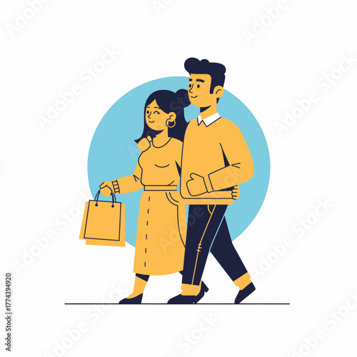 Couple walking together with shopping bag enjoying leisure time outdoors.