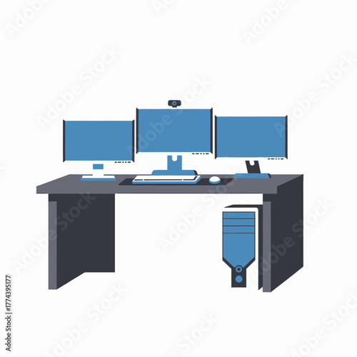 Modern Computer Workstation with Multiple Monitors and Desktop PC Setup.