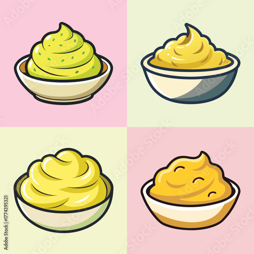 Four bowls of creamy yellow dips or spreads, including avocado dip and mustard, arranged in a grid on a pastel background, cartoon style illustration