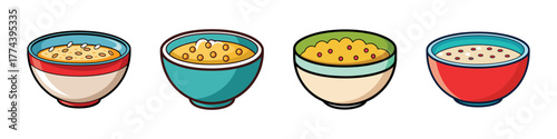 Four colorful bowls of cereal or porridge, each with a different topping and color, isolated on a
