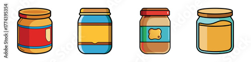 Collection of four cartoonstyle jars, each containing a different spread or jam, presented on a clean for easy integration into various designs