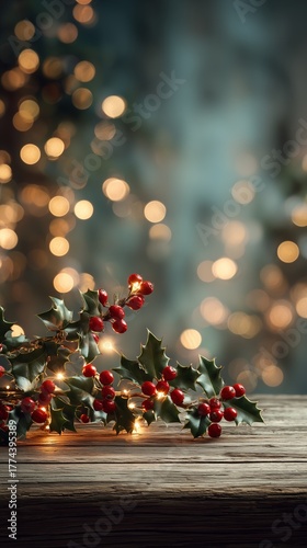 Christmas Candlelight with Holly and Bokeh Lights on Wooden Table