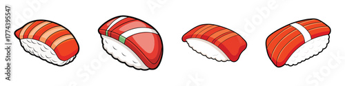A collection of four delicious sushi pieces, including salmon and tuna nigiri, presented on a clean, perfect for foodrelated content