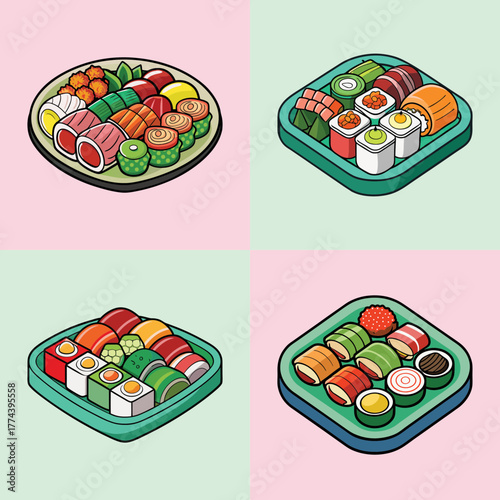 A vibrant and appetizing collection of various sushi dishes, presented in a visually appealing arrangement, showcasing the diverse and delicious world of japanese cuisine